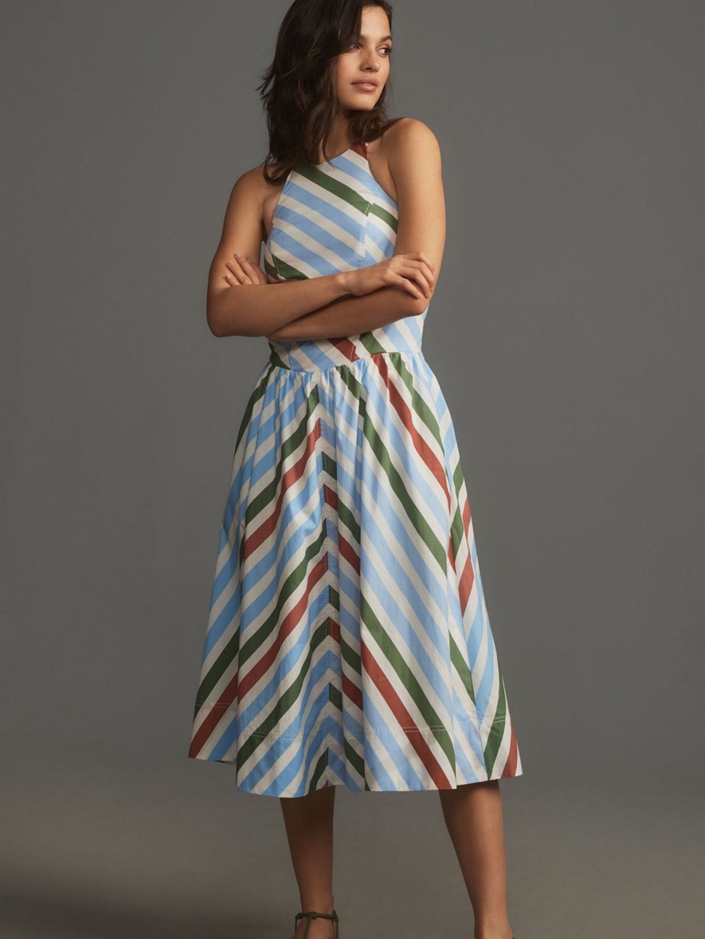 Anthropologie Striped Halter Midi Dress in Blue, Green & Brown